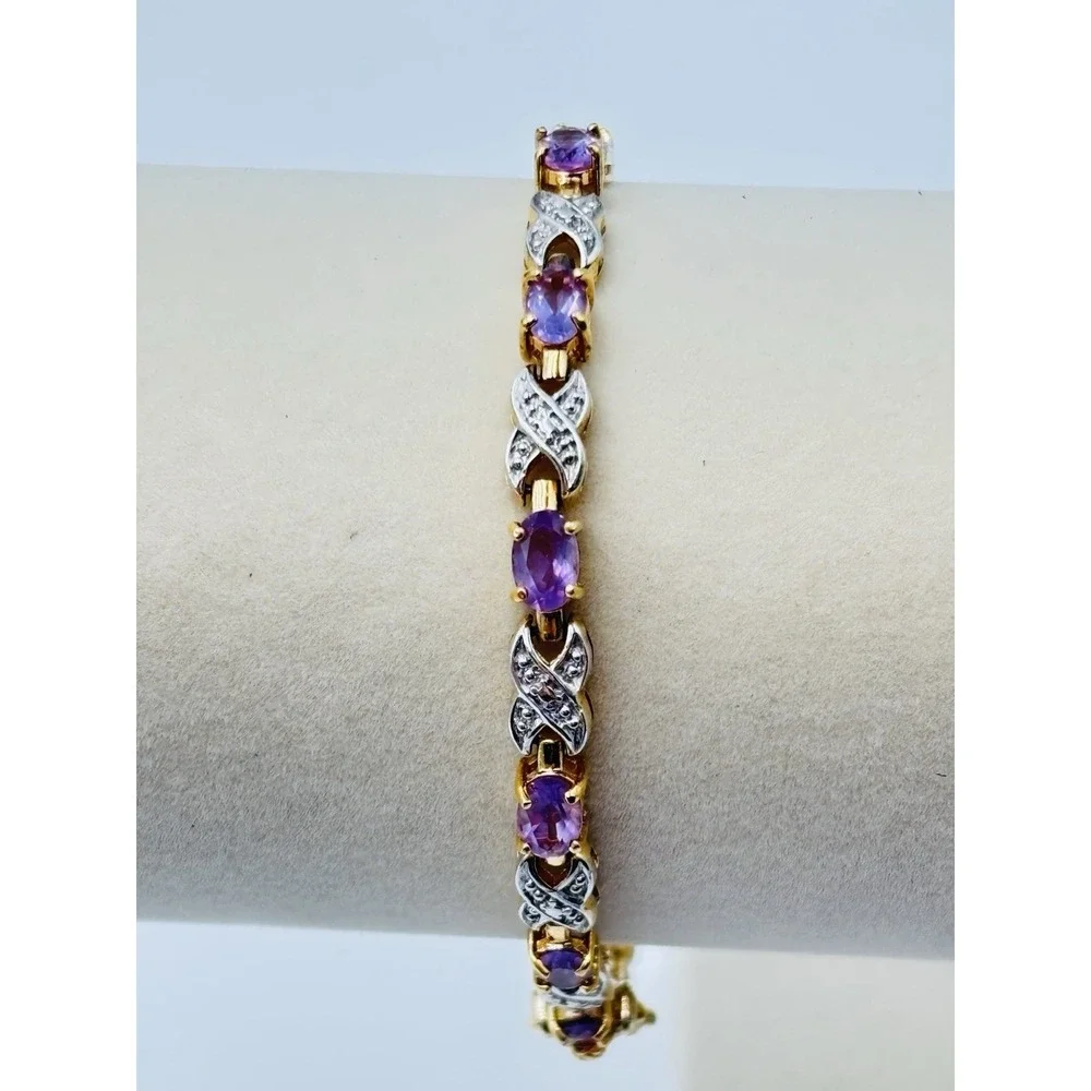 925 Italy Amethyst Tennis Bracelet Gold Over Sterling Silver 7